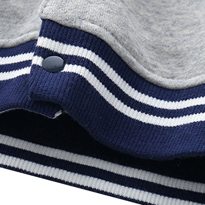 Boys Knit Cardigan Jacket-Close-up of a gray sweater with navy and white striped sleeves on a white background
