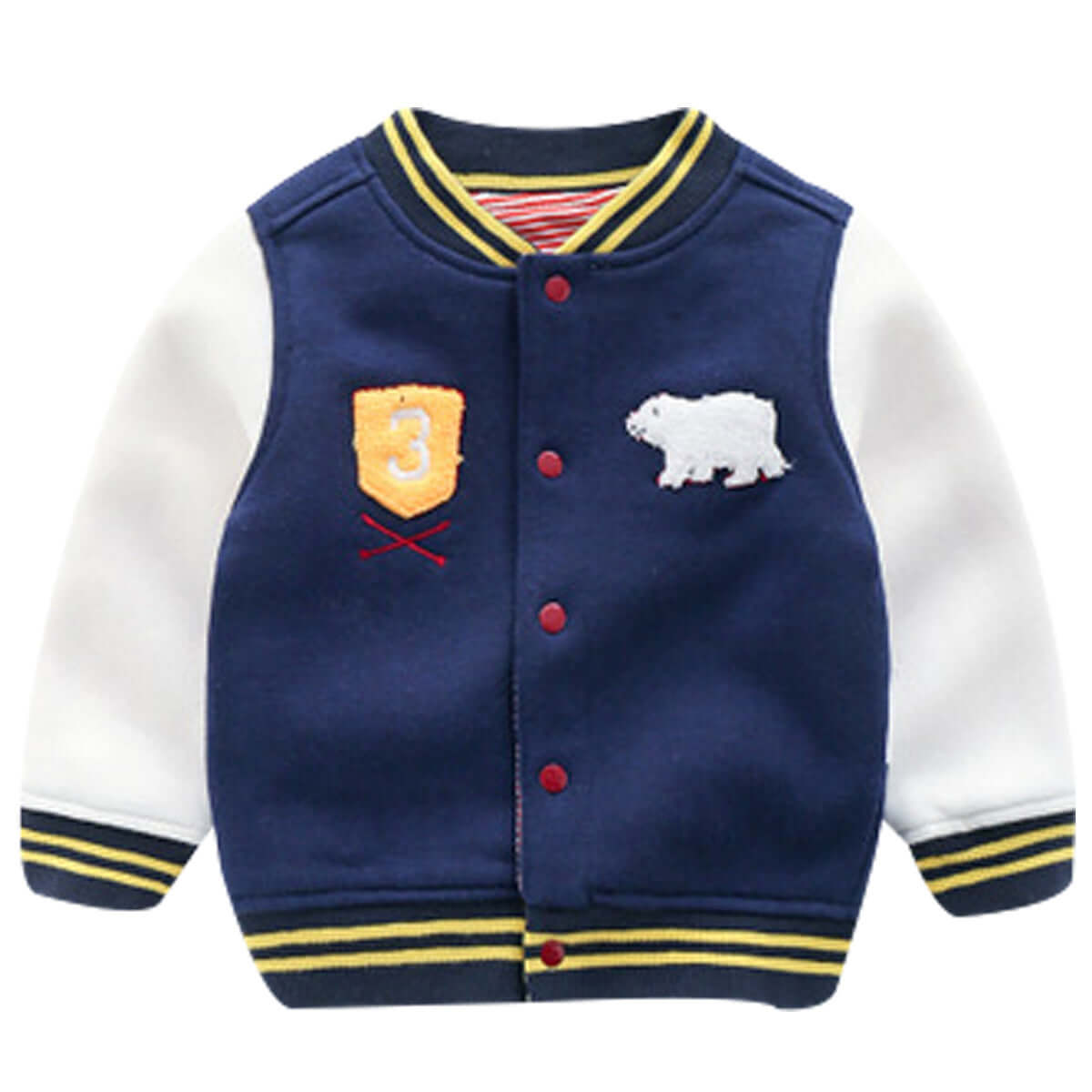 Boys Knit Cardigan Jacket-Children's varsity jacket with bear emblem and number 3 on a white background