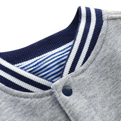 Boys Knit Cardigan Jacket-Close-up of a gray sweater with blue and white striped collar on a white background