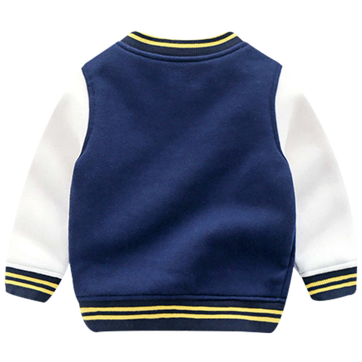 Boys Knit Cardigan Jacket-Navy blue varsity jacket with white sleeves and yellow stripes on a white background