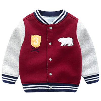 Boys Knit Cardigan Jacket-Children's red and gray varsity jacket with bear emblem and number 3 on a white background