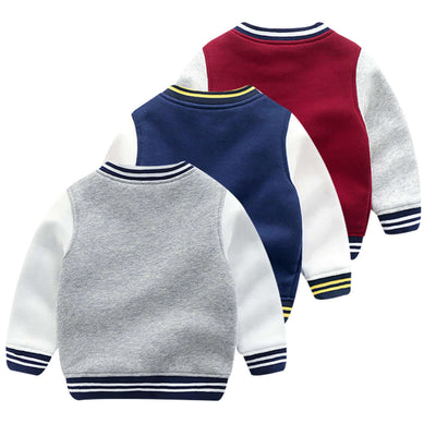 Boys Knit Cardigan Jacket-Three children's jackets in red, blue, and gray on a white background
