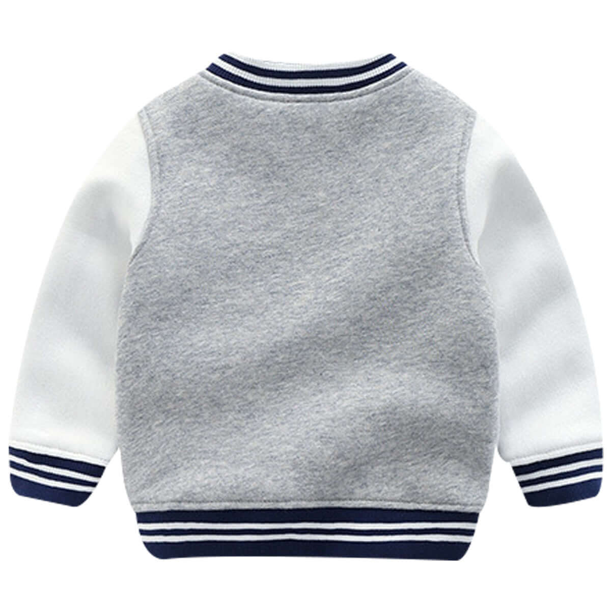 Boys Knit Cardigan Jacket-Back view of a children's gray and white jacket with navy accents on a white background