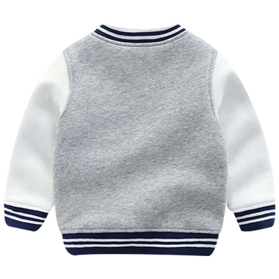 Boys Knit Cardigan Jacket-Back view of a children's gray and white jacket with navy accents on a white background