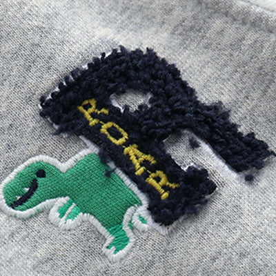 Boys Knit Cardigan Jacket-Embroidered dinosaur design on a gray fabric background