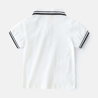 Boys T-Shirt Summer Polo Shirt-White polo shirt with black trim on a white background