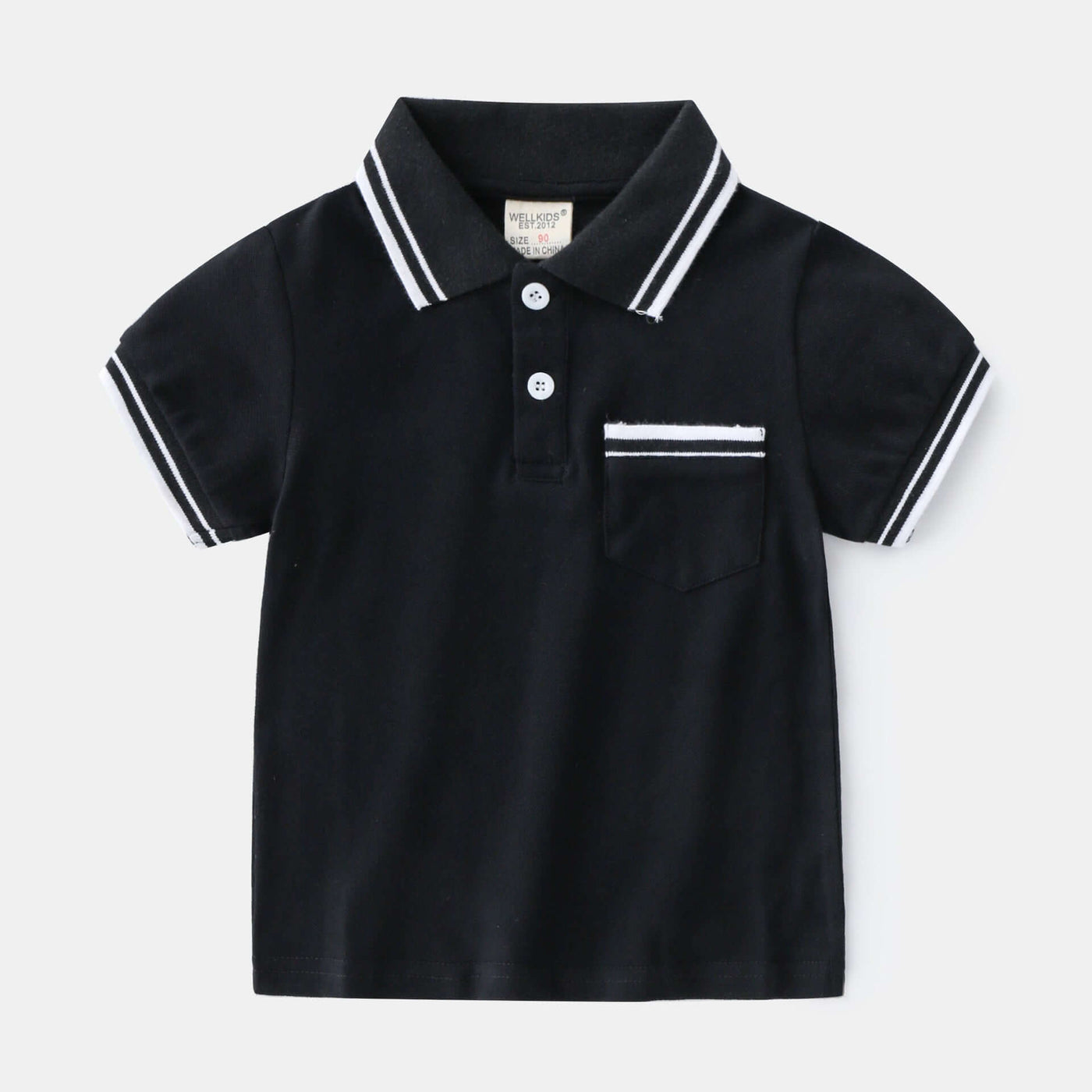 Boys T-Shirt Summer Polo Shirt-Black polo shirt with white accents on a light gray background