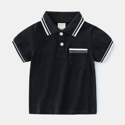Boys T-Shirt Summer Polo Shirt-Black polo shirt with white accents on a light gray background