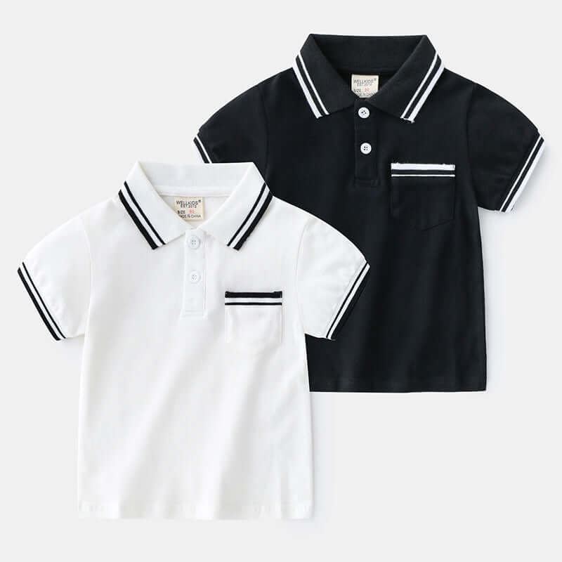 Boys T-Shirt Summer Polo Shirt-Two polo shirts, one black and one white, on a light gray background.