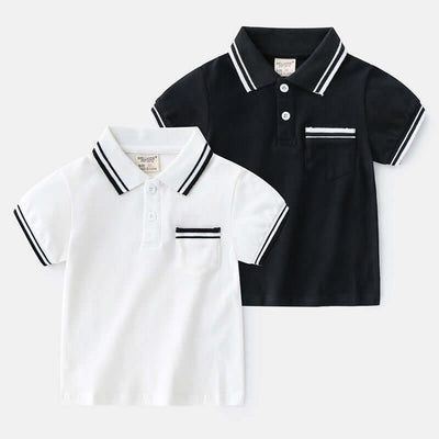 Boys T-Shirt Summer Polo Shirt-Two polo shirts, one black and one white, on a light gray background.