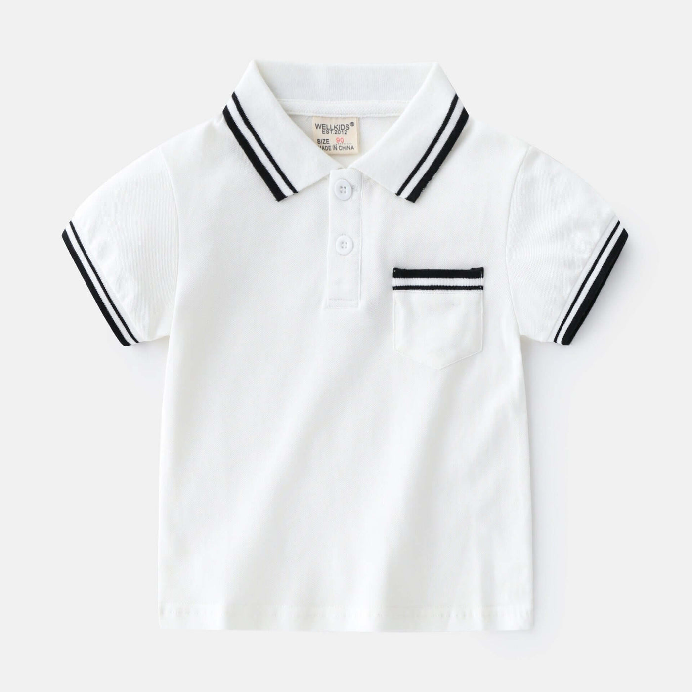 Boys T-Shirt Summer Polo Shirt-White polo shirt with black stripes on a light gray background
