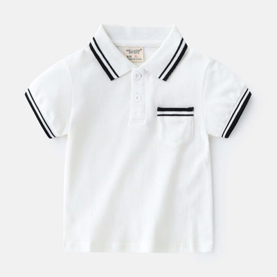 Boys T-Shirt Summer Polo Shirt-White polo shirt with black stripes on a light gray background