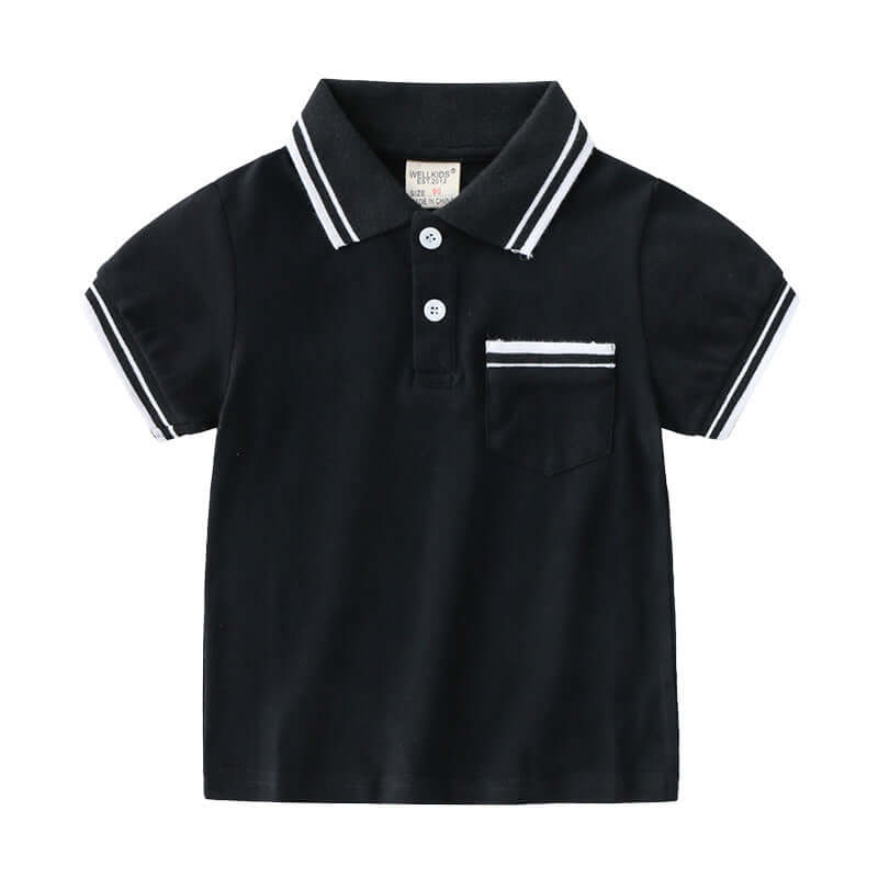 Boys T-Shirt Summer Polo Shirt-Black polo shirt with white accents on a white background