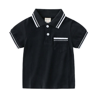 Boys T-Shirt Summer Polo Shirt-Black polo shirt with white accents on a white background