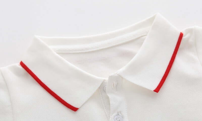 Cartoon Car Boys Short Sleeve Polo Shirt-White shirt with red trim on a white background