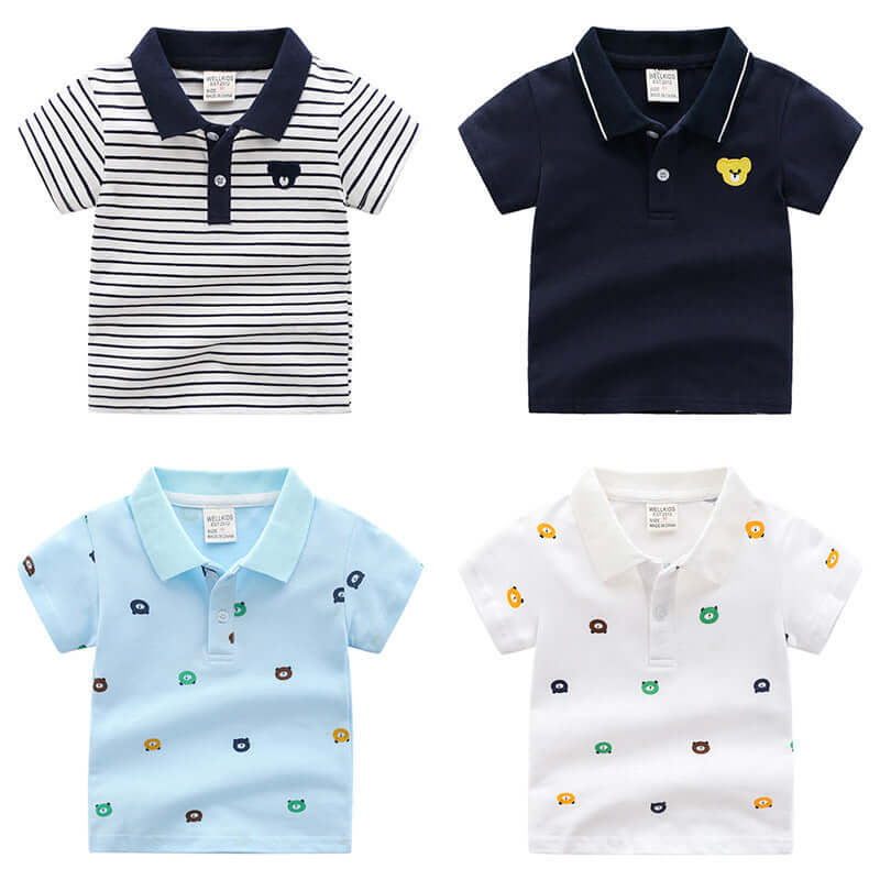 Cartoon Childrens Shirt -Four children's polo shirts in different colors with small bear designs on a white background.