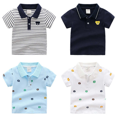 Cartoon Childrens Shirt -Four children's polo shirts in different colors with small bear designs on a white background.
