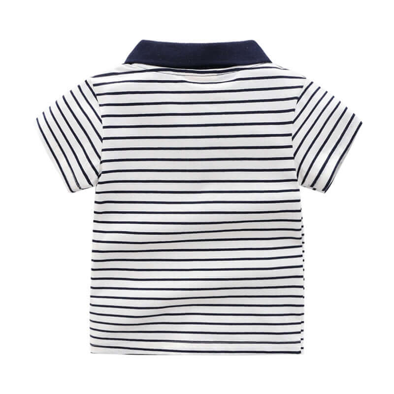 Cartoon Childrens Shirt -Back view of a striped polo shirt with a navy collar on a white background