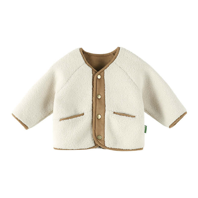 Casual Cardigan-Children's jacket with cream fleece exterior and brown interior on a white background