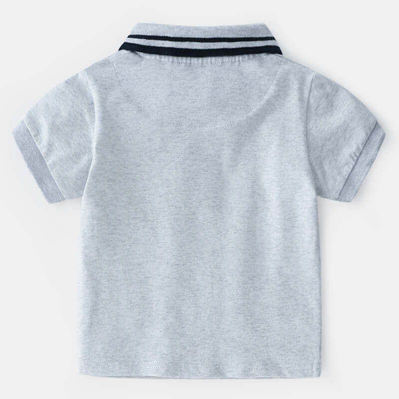 Childrens Polo Shirt -Back view of a gray polo shirt with a striped collar on a white background