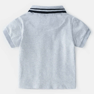 Childrens Polo Shirt -Back view of a gray polo shirt with a striped collar on a white background