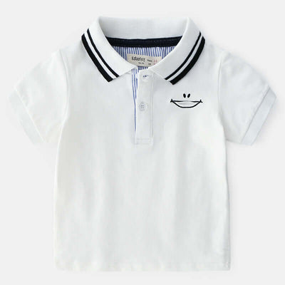Childrens Polo Shirt -White polo shirt with black collar and smiley face design on a white background