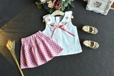 Sleeveless Embroidered Top Fashion Plaid Skirt Two-piece Set