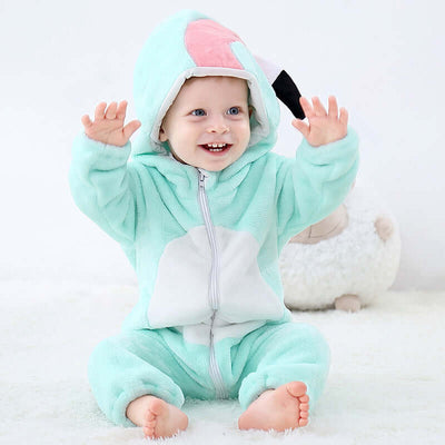 Flannel bodysuit-Child wearing a light blue onesie with bunny ears on a white background