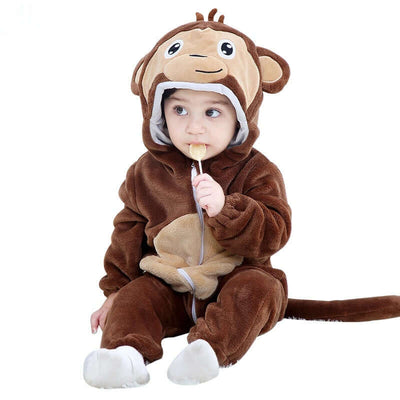 Flannel bodysuit-Child wearing a brown monkey costume holding a banana.