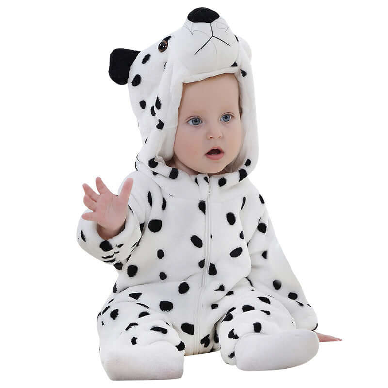 Flannel bodysuit-Baby in a Dalmatian costume on a white background