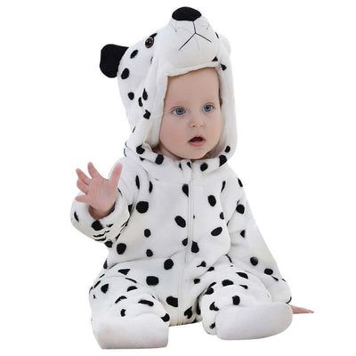 Flannel bodysuit-Baby in a Dalmatian costume on a white background