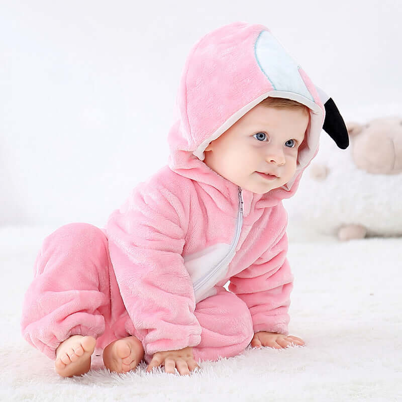 Flannel bodysuit-Baby in a pink flamingo onesie on a white background