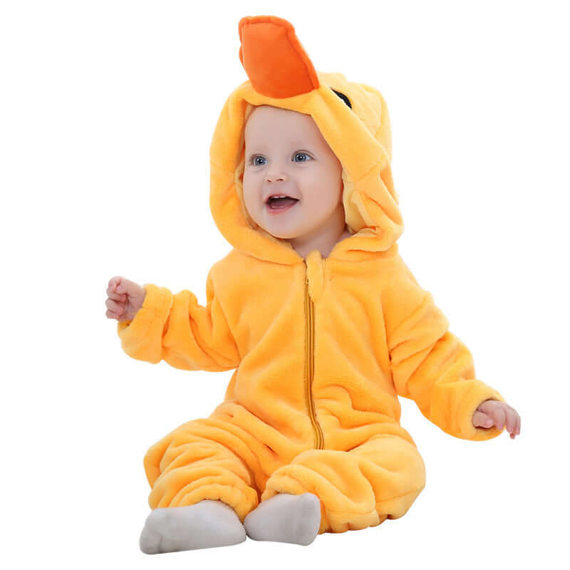 Flannel bodysuit-Baby in a yellow dinosaur costume on a white background