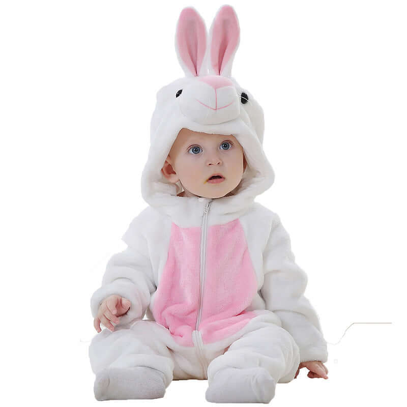 Flannel bodysuit-Baby in a white and pink bunny costume on a white background