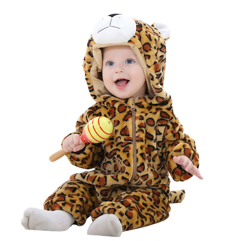 Flannel bodysuit-Baby in a leopard print onesie with a white background