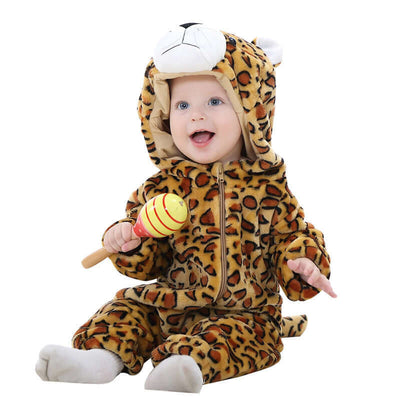 Flannel bodysuit-Baby in a leopard print onesie with a white background
