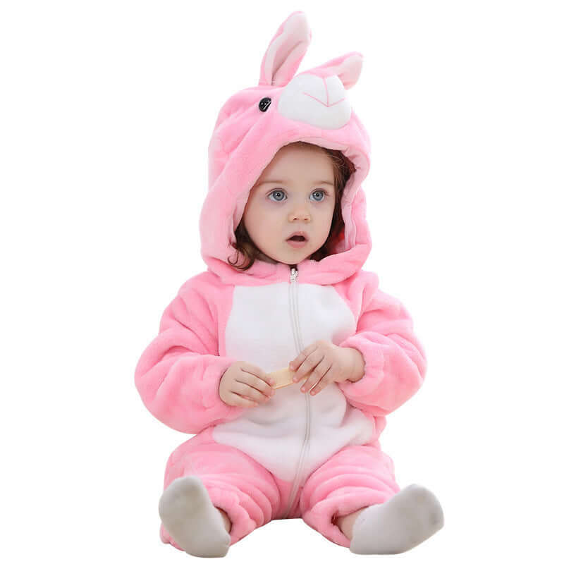 Flannel bodysuit-Child wearing a pink bunny onesie on a white background