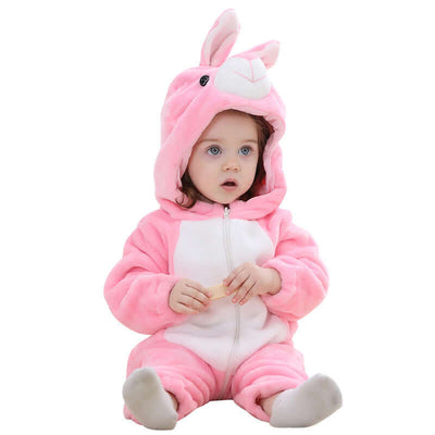 Flannel bodysuit-Child wearing a pink bunny onesie on a white background