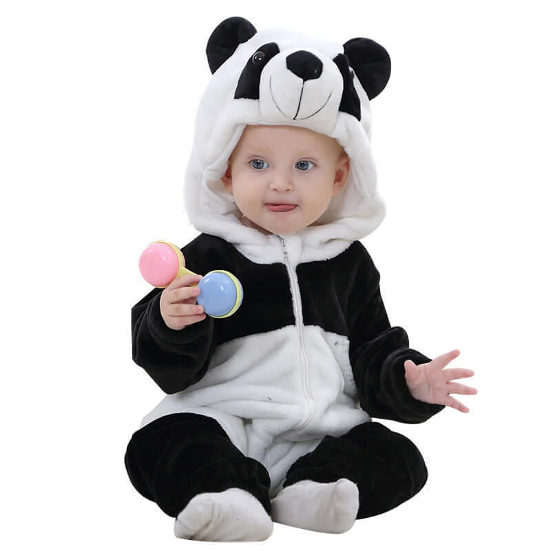 Flannel bodysuit-Baby in a panda costume holding colorful rattle toys on a white background