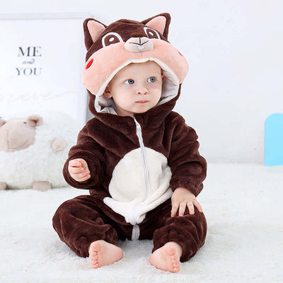 Flannel bodysuit-Baby in a brown and white animal onesie with a hood, sitting on a white surface.