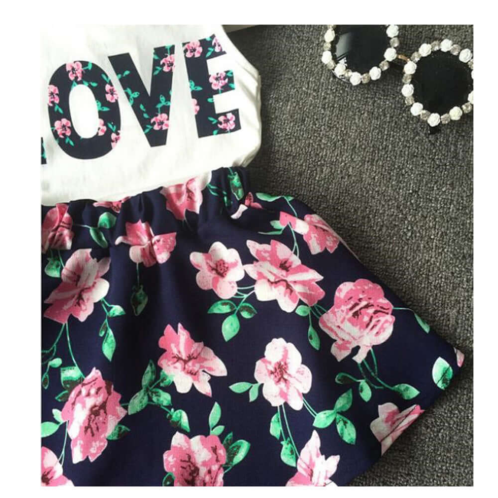 Girls Alphabet Flower Sleeveless Vest Floral Short Skirt 2-Piece Set - Kello Kids