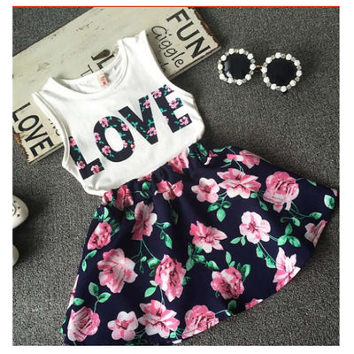 Girls Alphabet Flower Sleeveless Vest Floral Short Skirt 2-Piece Set - Kello Kids
