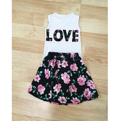 Girls Alphabet Flower Sleeveless Vest Floral Short Skirt 2-Piece Set - Kello Kids