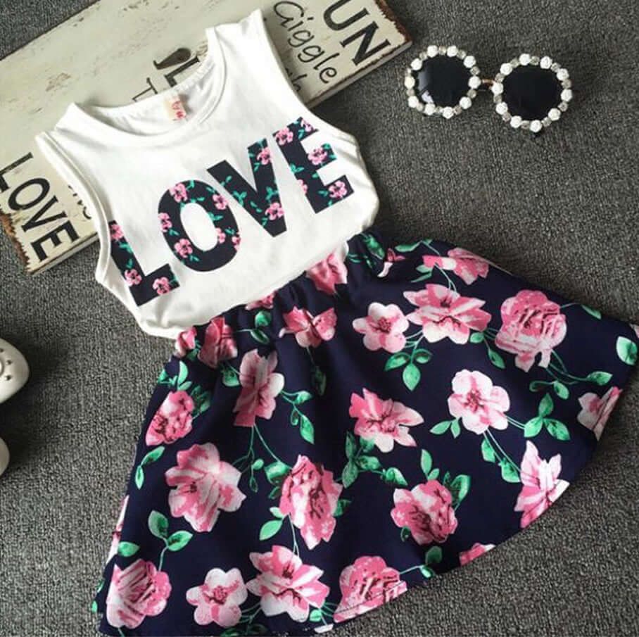 Girls Alphabet Flower Sleeveless Vest Floral Short Skirt 2-Piece Set - Kello Kids