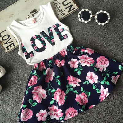 Girls Alphabet Flower Sleeveless Vest Floral Short Skirt 2-Piece Set - Kello Kids