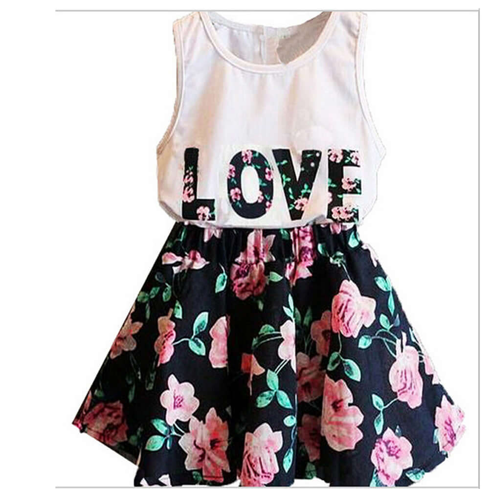 Girls Alphabet Flower Sleeveless Vest Floral Short Skirt 2-Piece Set - Kello Kids