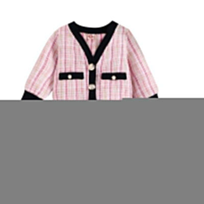 Girls Autumn Kafuu Woolen Top Skirt-Pink and black checkered dress with jacket on a white background