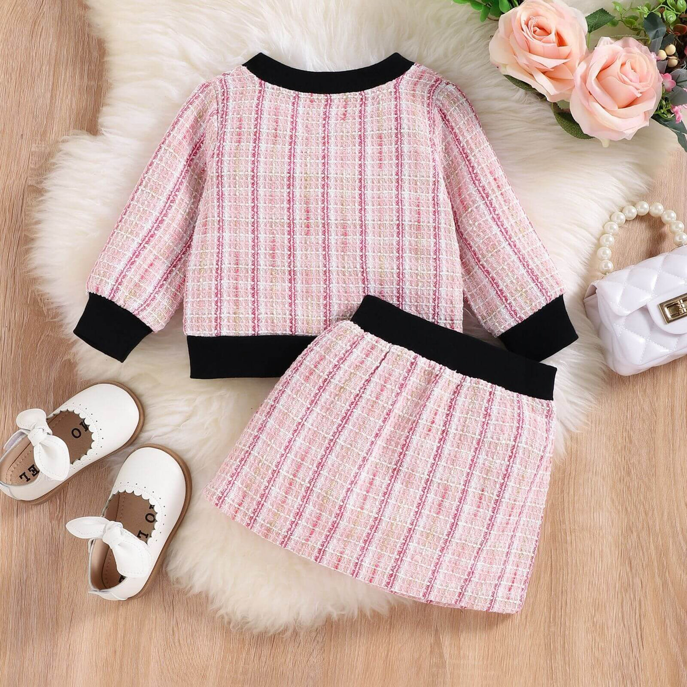 Girls Autumn Kafuu Woolen Top Skirt-Pink and black checkered outfit with shoes and handbag on a wooden surface