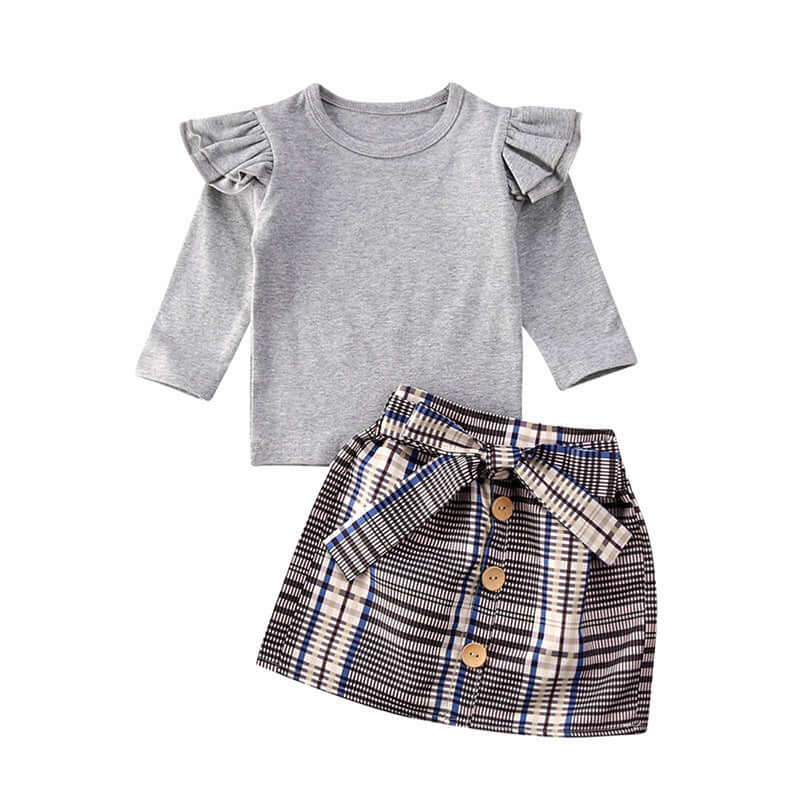 Autumn Pleated Top + Plaid Skirt 2-Piece Set for Girls - Kello Kids