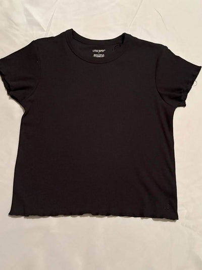 Girls Black Lettuce Trim Tee-Black t-shirt on a light gray background